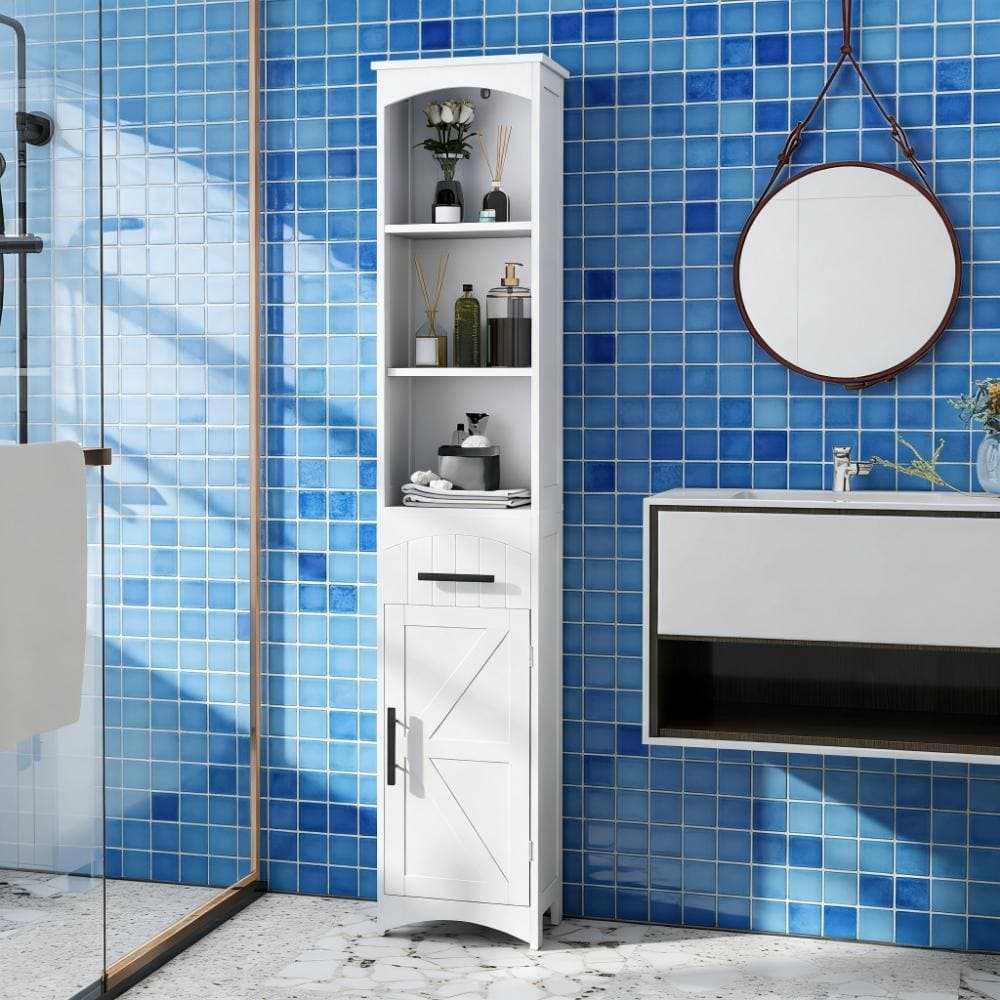 YSQCAR 13.4 in. W x 9.4 in. D x 66.9 in. H White MDF Freestanding Linen Cabinet with 1 Door and 3 Shelves (3)