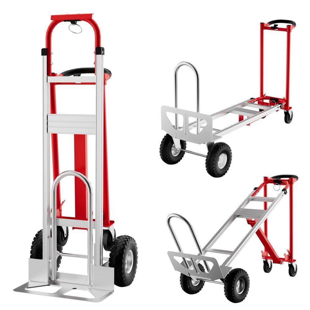 Garvee 3 in 1 800 lb. Red and Silver Folding D-Handle Heavy Duty Convertible Hand Truck with Wheels, Elastic Straps (3)