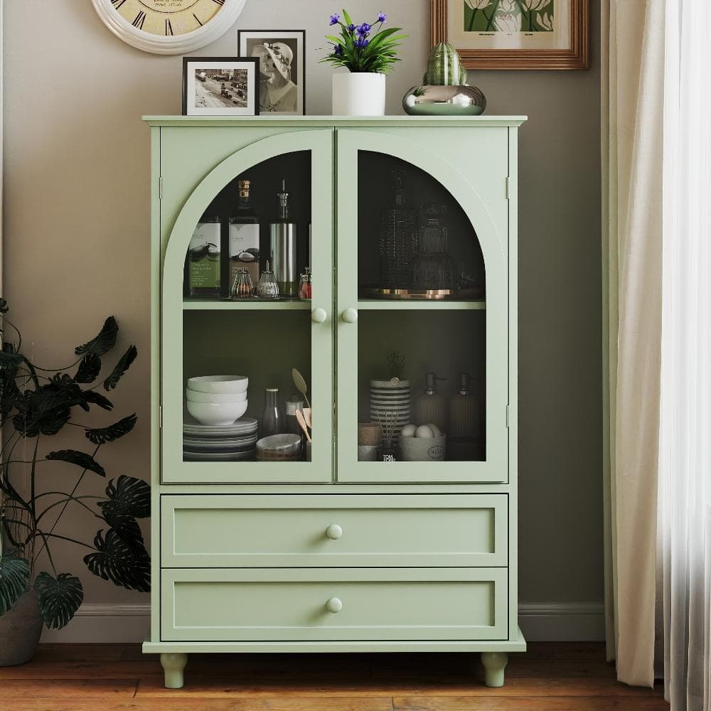 COWLOWN 27.95 in. W x 14.96 in. D x 41.93 in. H Green Linen Cabinet with Tiered Top, 2‑Drawer (2)
