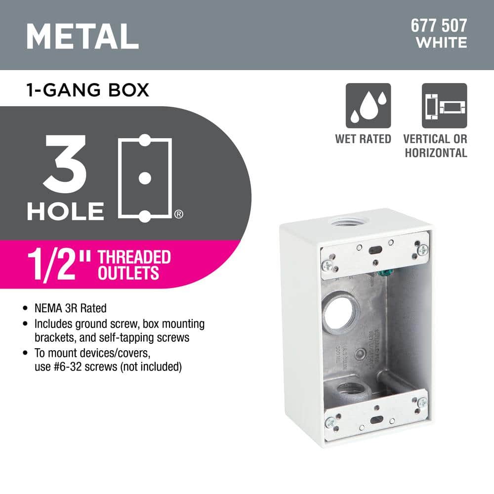 Commercial Electric 1-Gang Metallic Weatherproof Outlet Box with (3) 1/2 in. Holes, White (2)