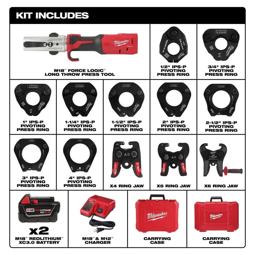 Milwaukee M18 18-Volt Lithium-Ion Cordless FORCE LOGIC Long Throw Press Tool Kit w/ 1/2 in. - 4 in. IPS-P Pivoting Press Ring Kit (2)
