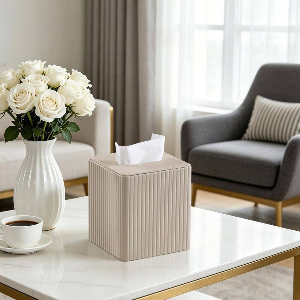 KHKFY PU Leather Square Tissue Box Cover with Magnetic Closure and Velvet Lining in Beige Stripe Pattern Top (3)