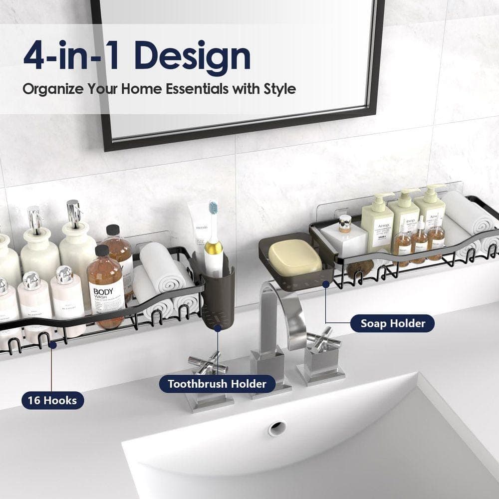 JFVKAF 5.3 in. L x 2.3 in. H Adhesive Shower Rustproof Stainless Steel Large Cap with Soap Dish, Holder, 16 Hook, 2-Packs Black (3)