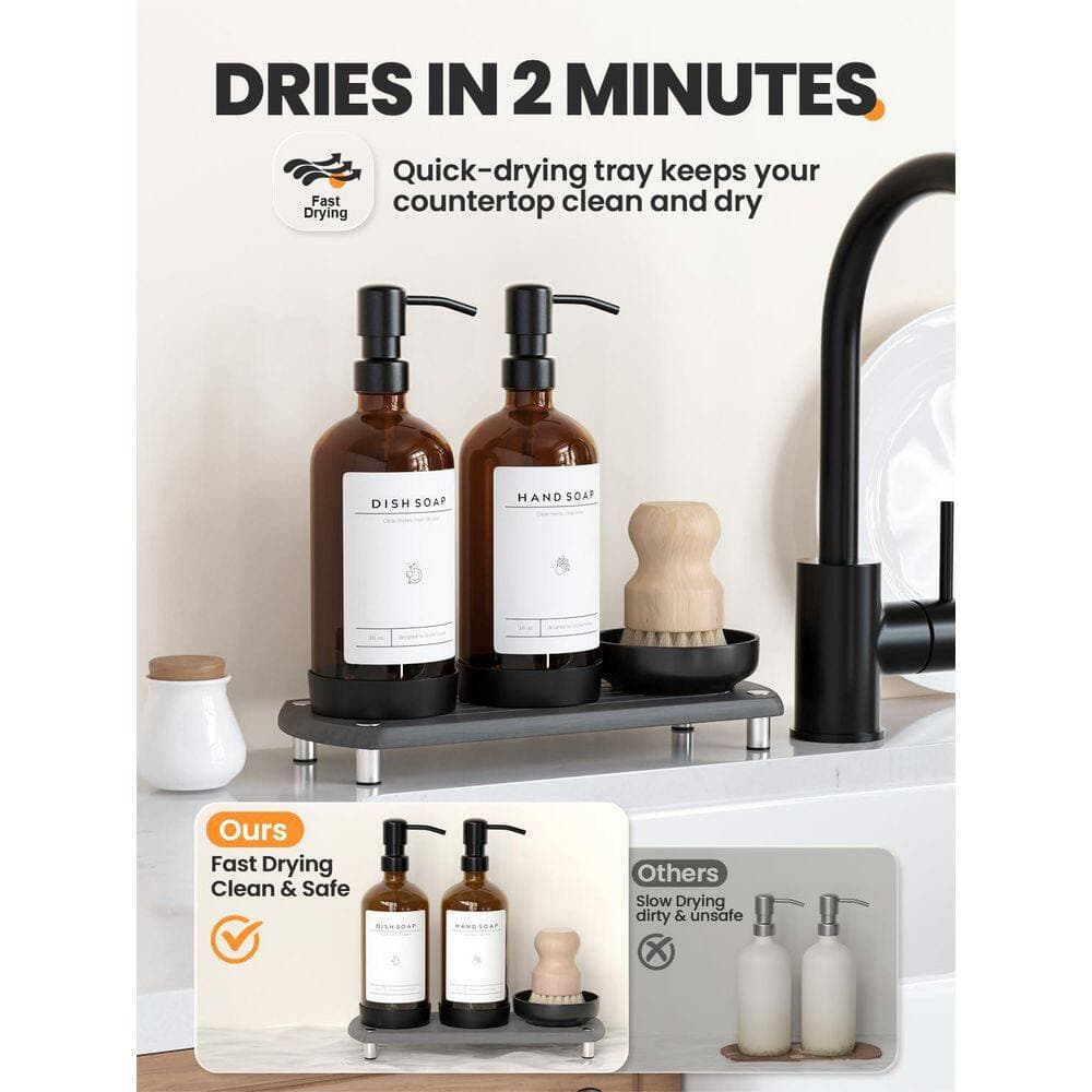 Wudkey 16 oz. Amber Glass Soap Dispenser Set with Stainless Steel Pump, Dish Brush, Waterproof Labels and Silicone Pad (2)