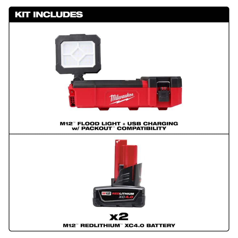 Milwaukee M12 12-Volt Lithium-Ion Cordless PACKOUT Flood Light w/USB Charging & 4. 0Ah (2-Pack) (2)
