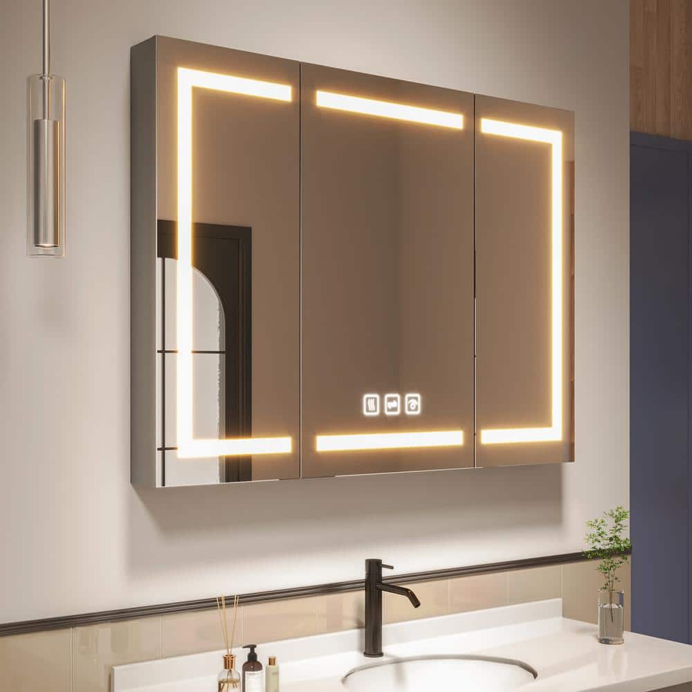 waterpar 48in. W x 36in. H Surface Mount Medicine Cabinet / Rectangular Black Aluminum Recessed Medicine Cabinet with LED Mirror