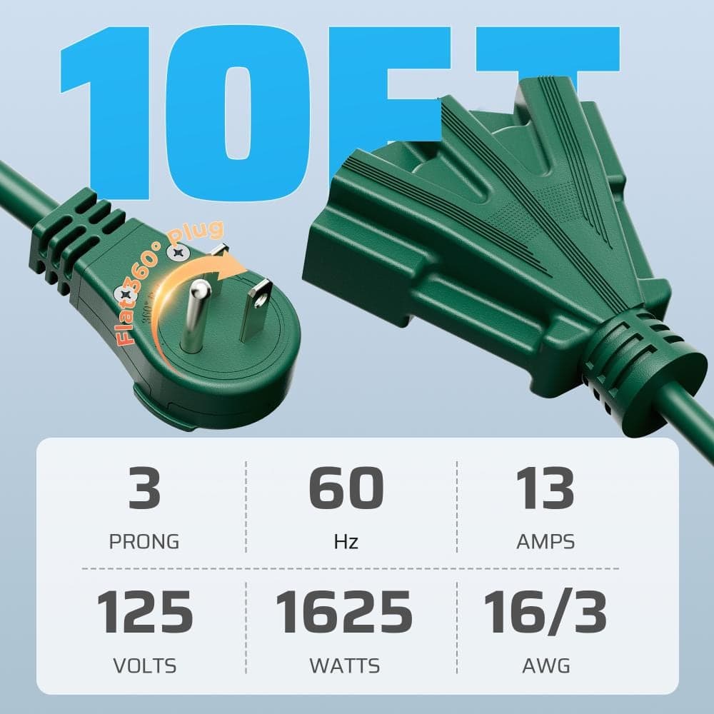 DEWENWILS 2-Pack 10 ft. 16/3 3-Outlet Outdoor Extension Cord, 13A 360° Rotating Flat Plug Weatherproof Grounded Power Cord, Green (2)