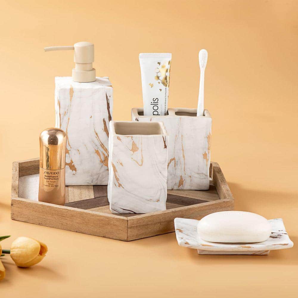 Dracelo 4-Piece Bathroom Accessory Set with Soap Dispenser, Tumbler, Soap Tray, Toothbrush Holder in Marble Gold (3)