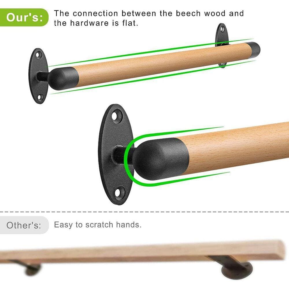 Unbranded 16 in. Round Beech Wood Handrail Indoor Stairs Handrail Wall Mount with Sturdy Metal Brackets Barrier-Free (3)