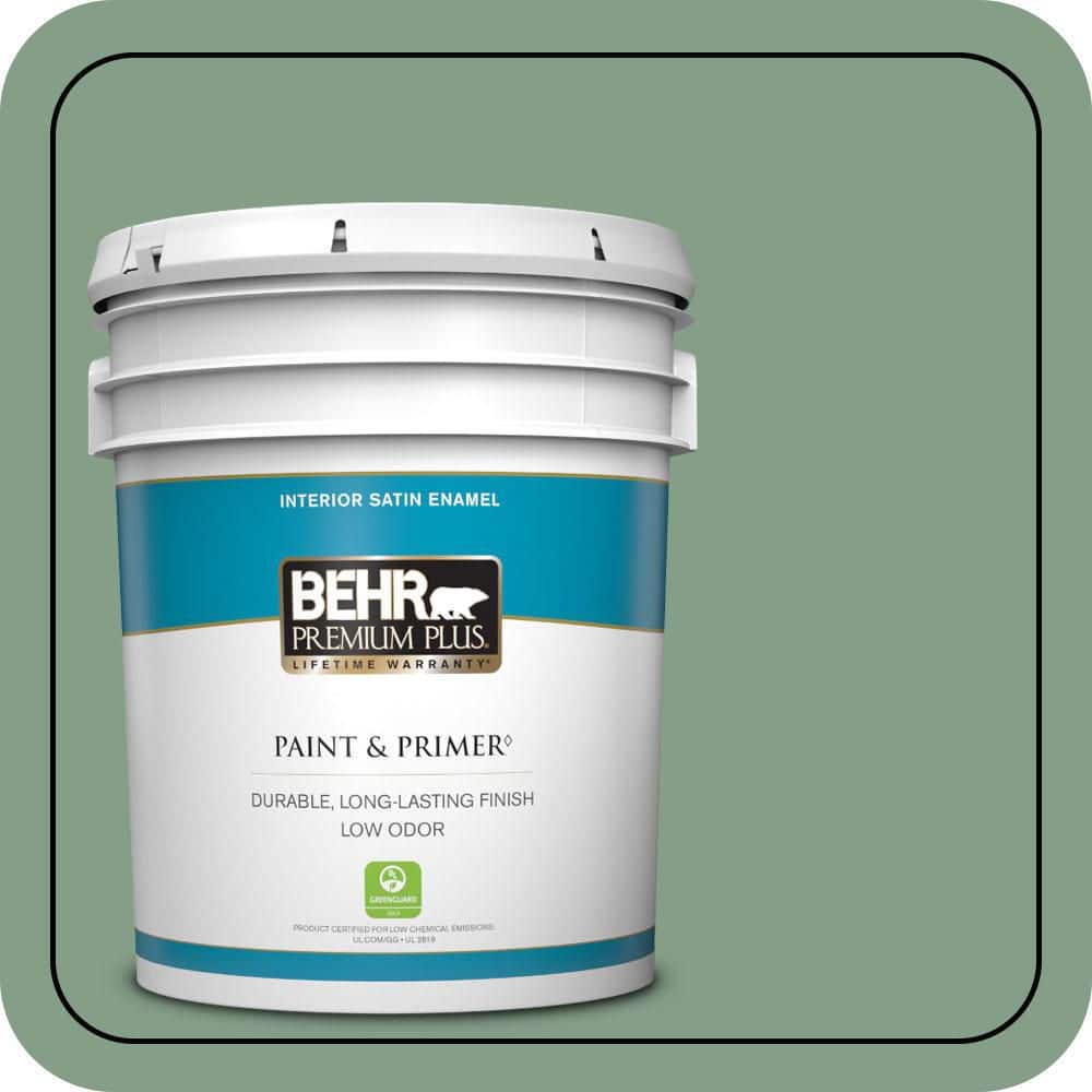 BEHR PREMIUM PLUS 5 gal. #S410-5 Track Green Satin Enamel Low Odor Interior Paint & Primer