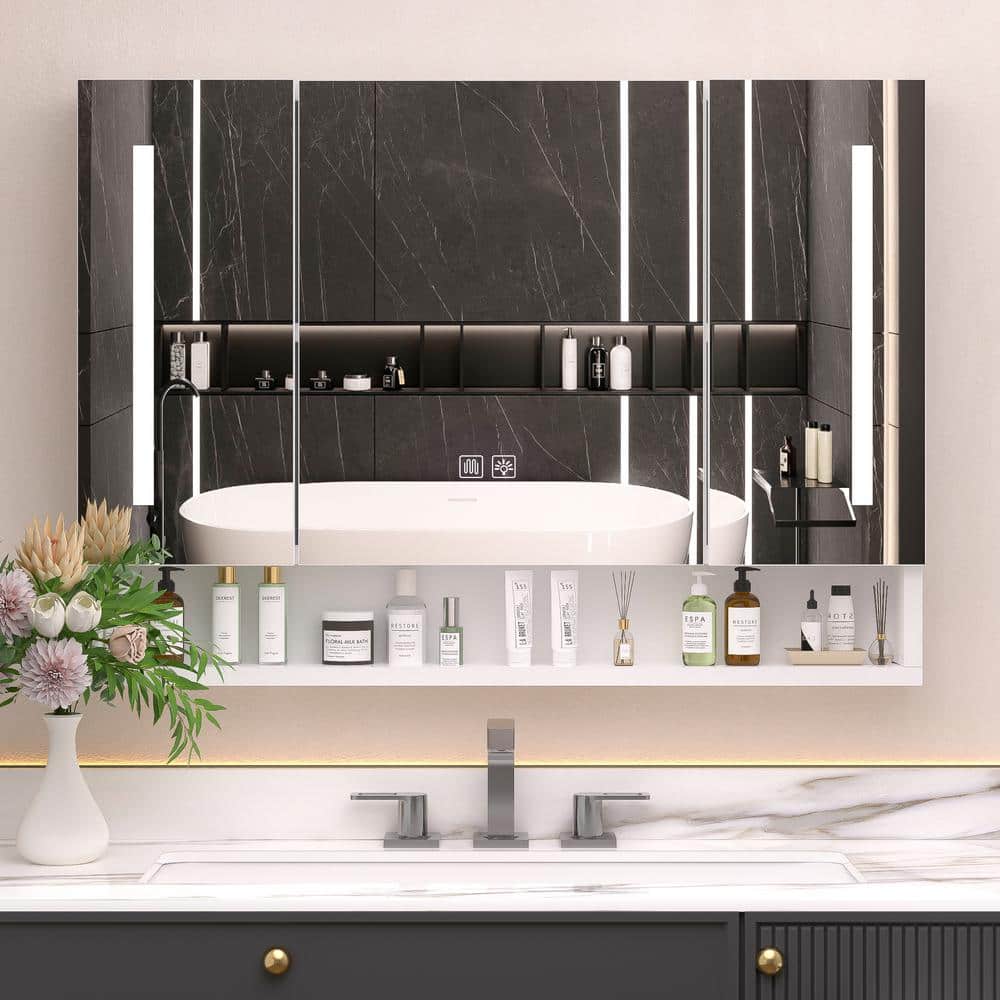 FUNKOL 39 in. W x 28 in. H White Wall Mounted Rectangular Aluminum Medicine Cabinet with Mirror LED Light Towel Rack (2)
