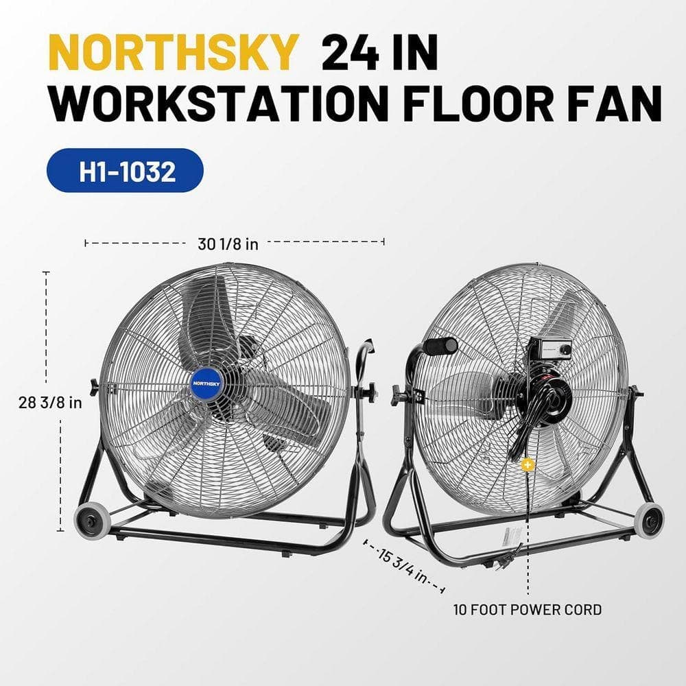 Stbine 24 in. 3-Speeds Heavy Duty Floor Fan In Black, Max 4,950 CFM, 360° Head Hit, for Manufacture, Construction, Warehousing (2)