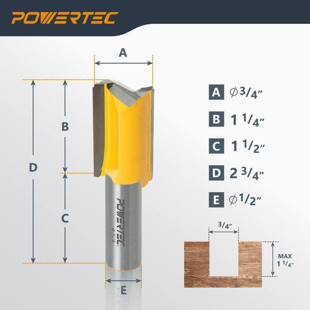‎POWERTEC Carbide Straight Plunge Router Bit, 1/2 in. Shank, 3/4 in. Cutting Dia. with 1-1/4 in. Cutting Length (3)