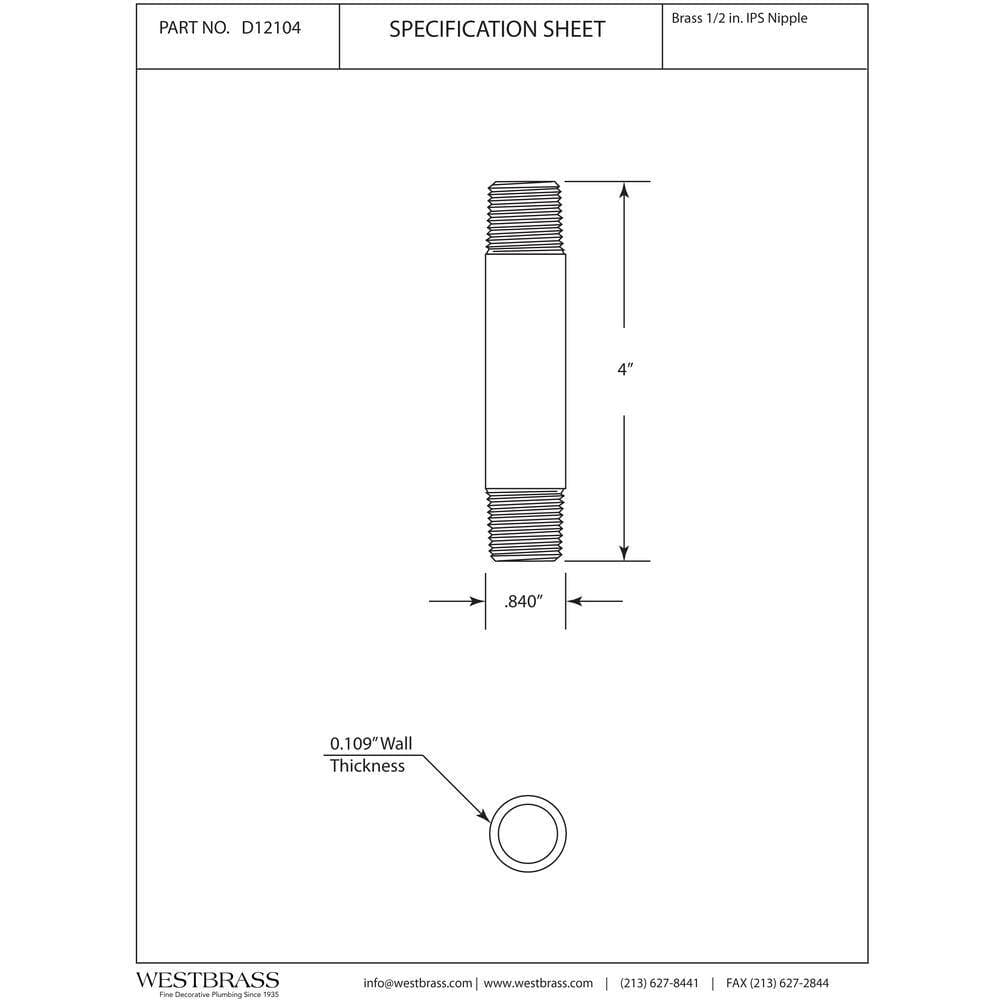 Westbrass 1/2 in. x 4in. IPS Brass Pipe Nipple, Matte Black (2)
