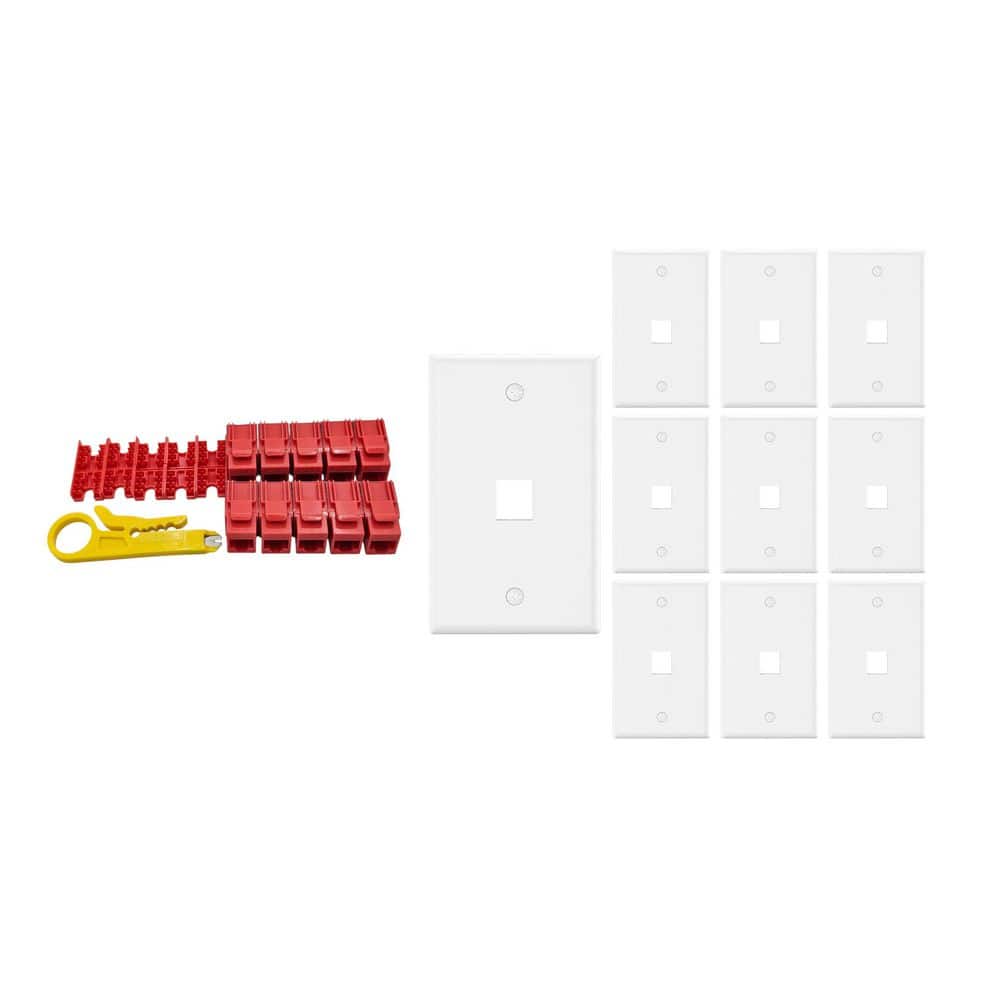 Micro Connectors, Inc 10-Pack 1-Gang White Keystone Plastic Wall Plates 1-Port and 10 Cat 6 RJ45 Keystone Jacks Red (1)