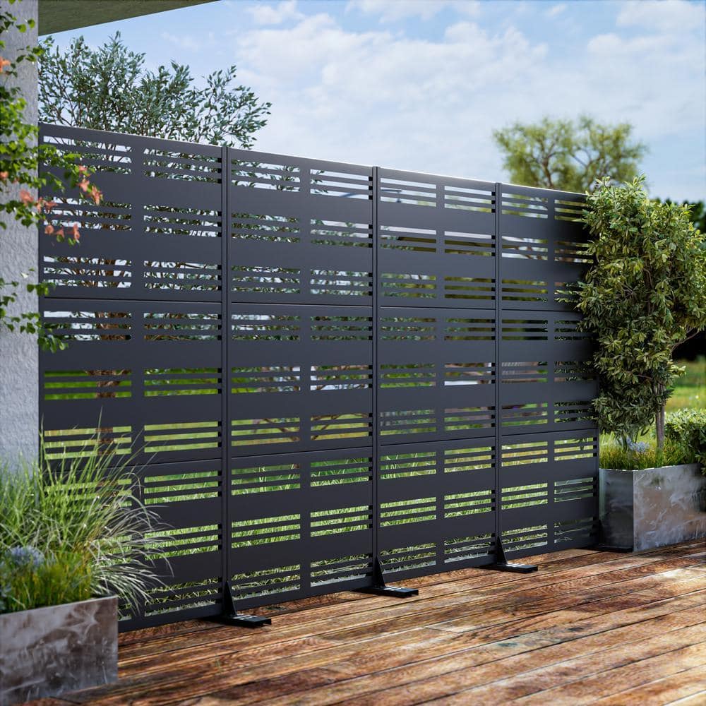 Lirago 72 in. H x 35 in. W Black Outdoor Metal Privacy Screen Garden Fence Stripe Pattern Wall Appliques (3)