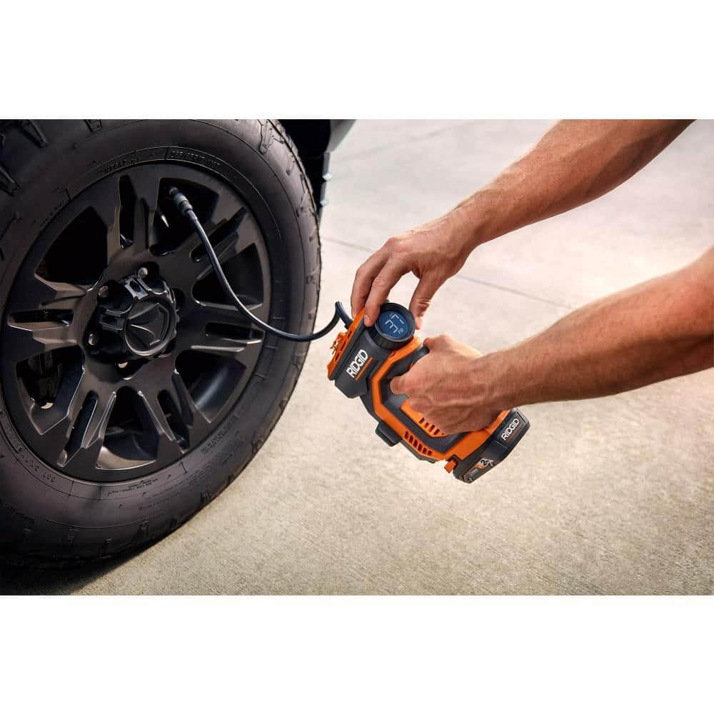 RIDGID 18V High Pressure Portable Inflator Kit with 2.0 Ah Battery, Charger, and USB Portable Power Source with Activate Button (4)