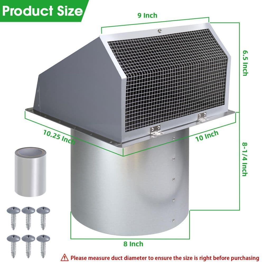 Helhom 8 in. Metal Vent Hood Wall Exhaust Vent Cover, Dryer Vent Cover Outside for Range Hood Kitchen Air Ventilation in Gray (2)