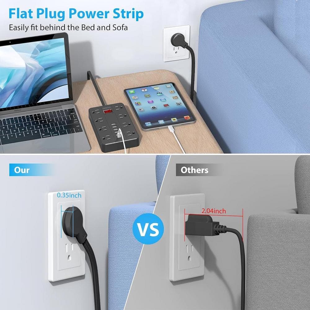 Lukyamzn 5 ft. Power Strip Surge Protector with Flat Plug, 8-Outlets and 6-USB Ports (1-USB-C), Wall Mountable in Black (2)
