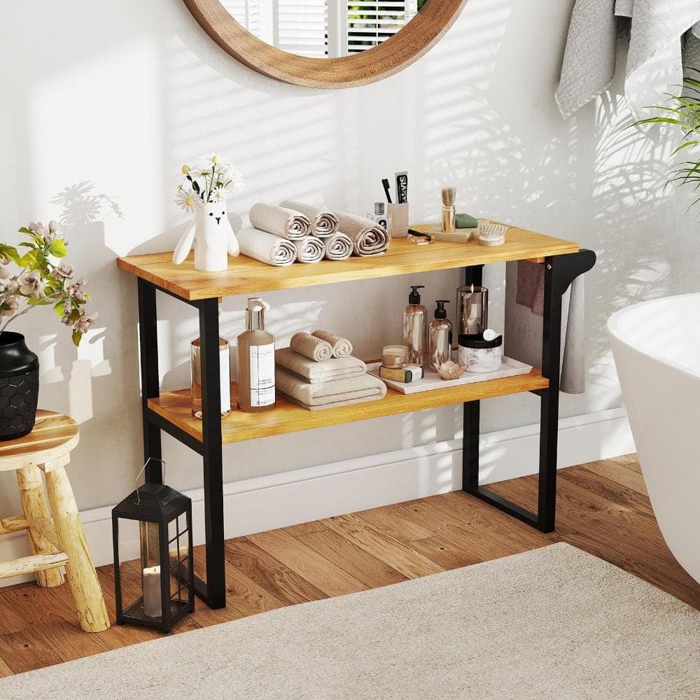 Volenca 2-Tier Solid Teak Wood Bathroom Shelf with Towel Rack (2)