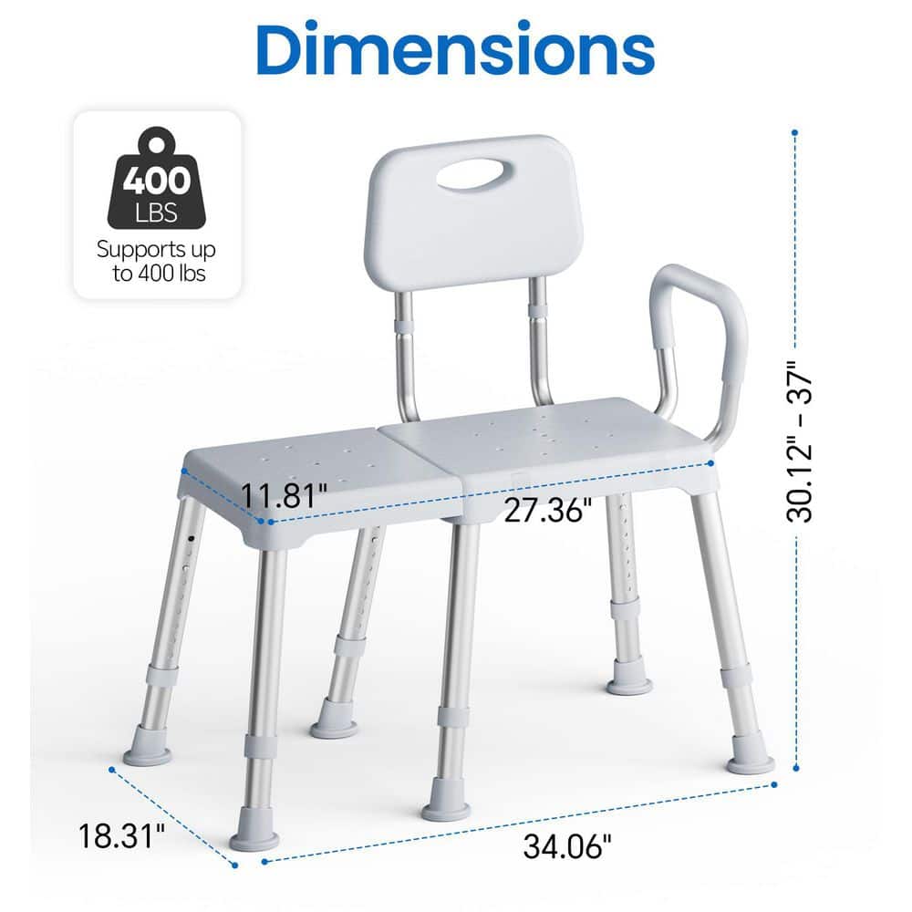 Anqtovp 27.36in. W Reversible Backrest Heavy-Duty Shower Seat w/ Six Slip-Resistant Feet Freestanding Adjustable Height in White (2)