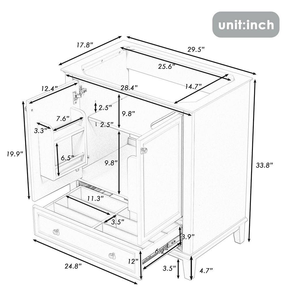 Unbranded 30 in. Freestanding Rectangular Bath Vanity Cabinet without Top in Gray with Soild Wood Frame, Doors and Drawer (2)