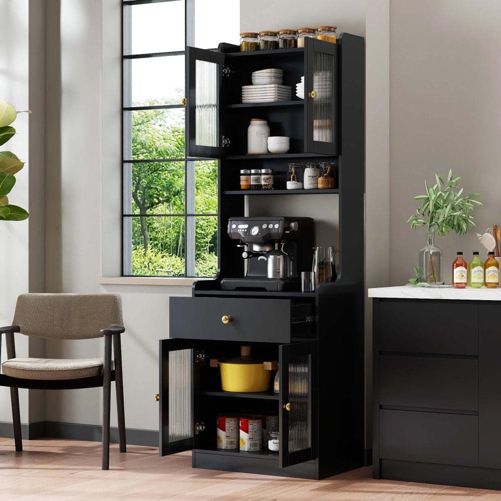 XUJMK 24 in W x 16 in D x 71 in H Linen Cabinet, Kitchen Pantry Hutch Storage Cabinet in Black with Microwave Stand Sideboard (2)