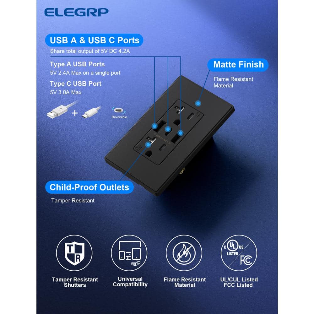 ELEGRP 21W USB Wall Outlet w/Dual Type A and Type C USB Ports, 20 Amp Tamper Resistant Outlet, w/Wall Plate, Black (6 Pack) (2)
