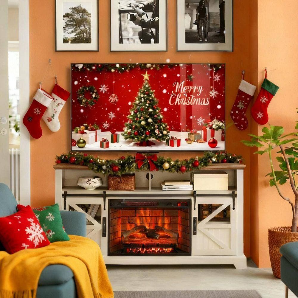 SUNRINX 60 in. Freestanding Electric Fireplace TV Stand With Door Sensor in Jasmine White