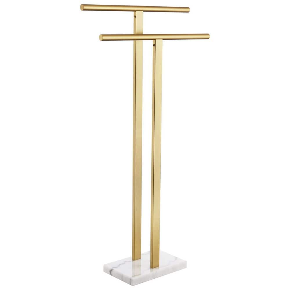 Anqtovp Towel Rack 2-Tier Towel Holder in Brushed Gold Stainless Steel with Marble Base Bath Accessory for Bathroom Floor (1)