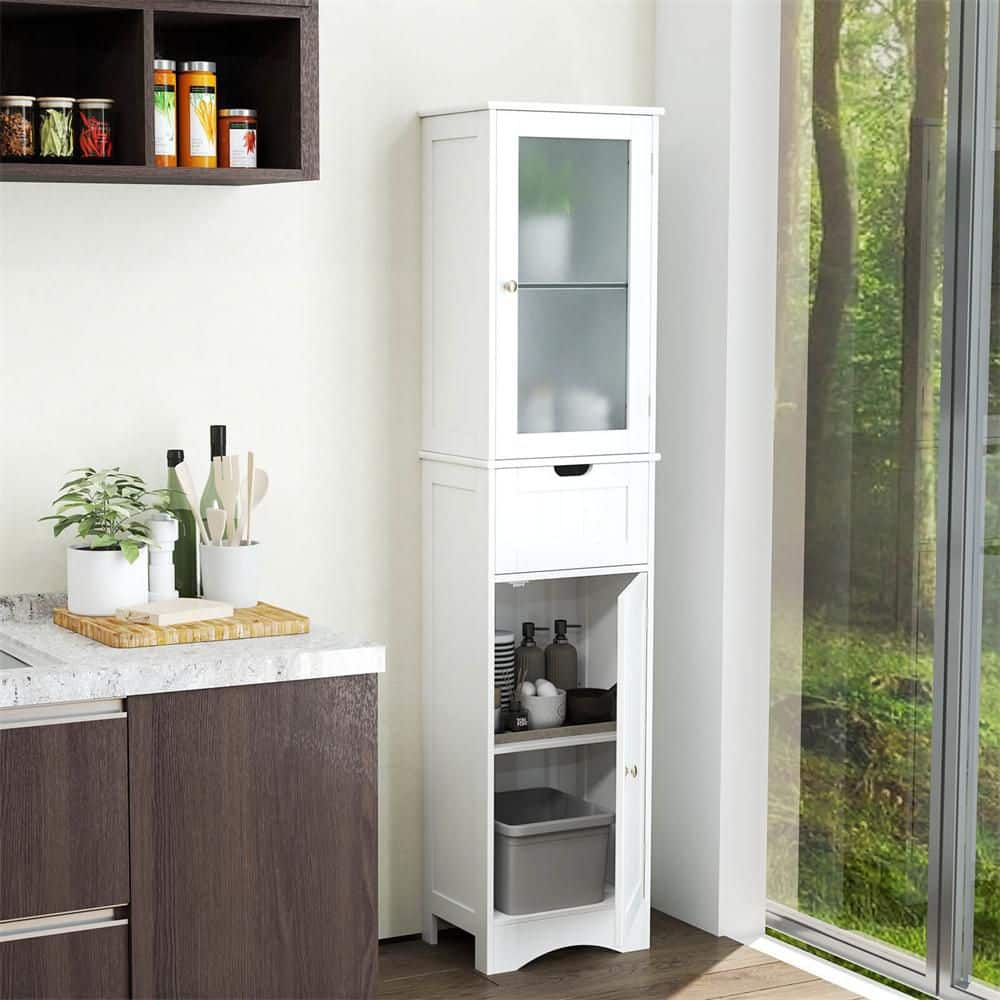 Costway 15.5 in. W 12 in. D 67 in. H Bathroom Tall Freestanding Linen Cabinet Tower with Doors & Drawer