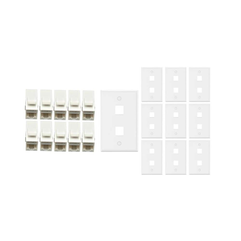 Micro Connectors, Inc 10-Pack 1-Gang White Keystone Plastic Wall Plate 2-Port and 10 Cat 6 RJ45 Keystone Inline Couplers White (1)