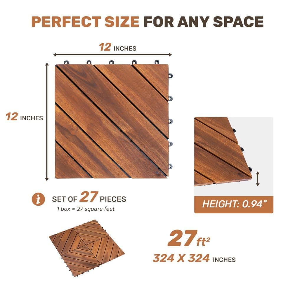 GOGEXX 1 ft. x 1 ft. Acacia Wood Checker Pattern Square Interlocking Diagonal Pattern Flooring Deck Tile in Brown(27 Per Set) (3)