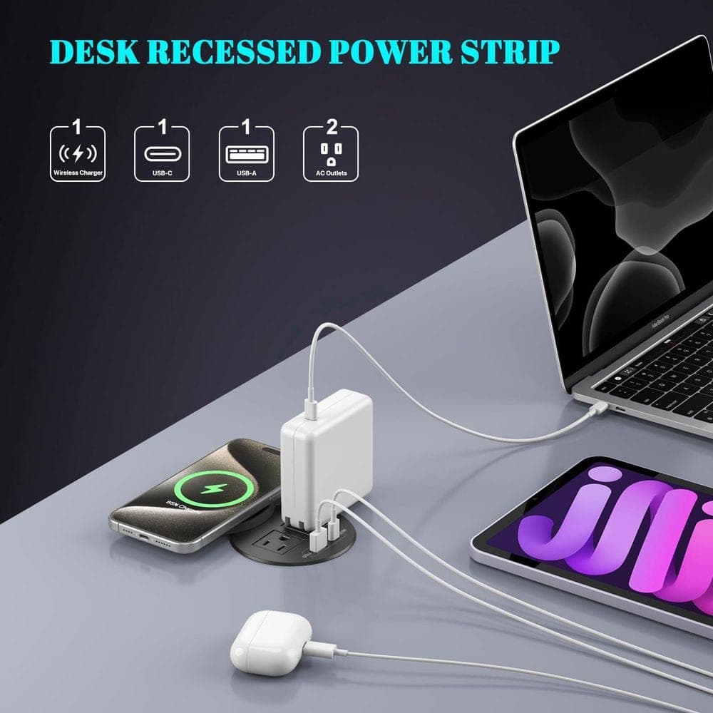 OBJLGEV 6 ft. Cord 2-Outlet Power Strip with 1 USB-A Port 1 USB-C Port Wireless Charging Cover Recessed Desk Grommet (2)