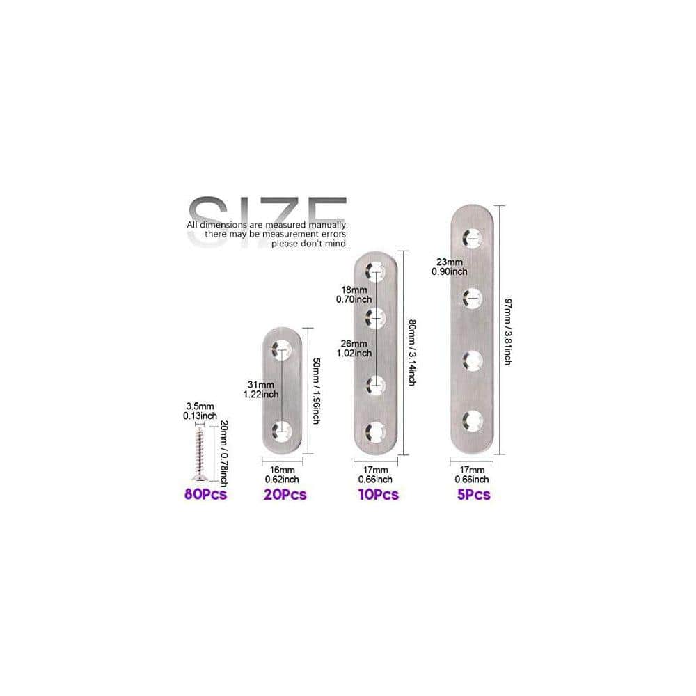 KIWDZFU 3 Sizes Stainless Steel Flat Straight Brace Brackets with Screws for Mending Repair Plates 115Pcs Pack (2)