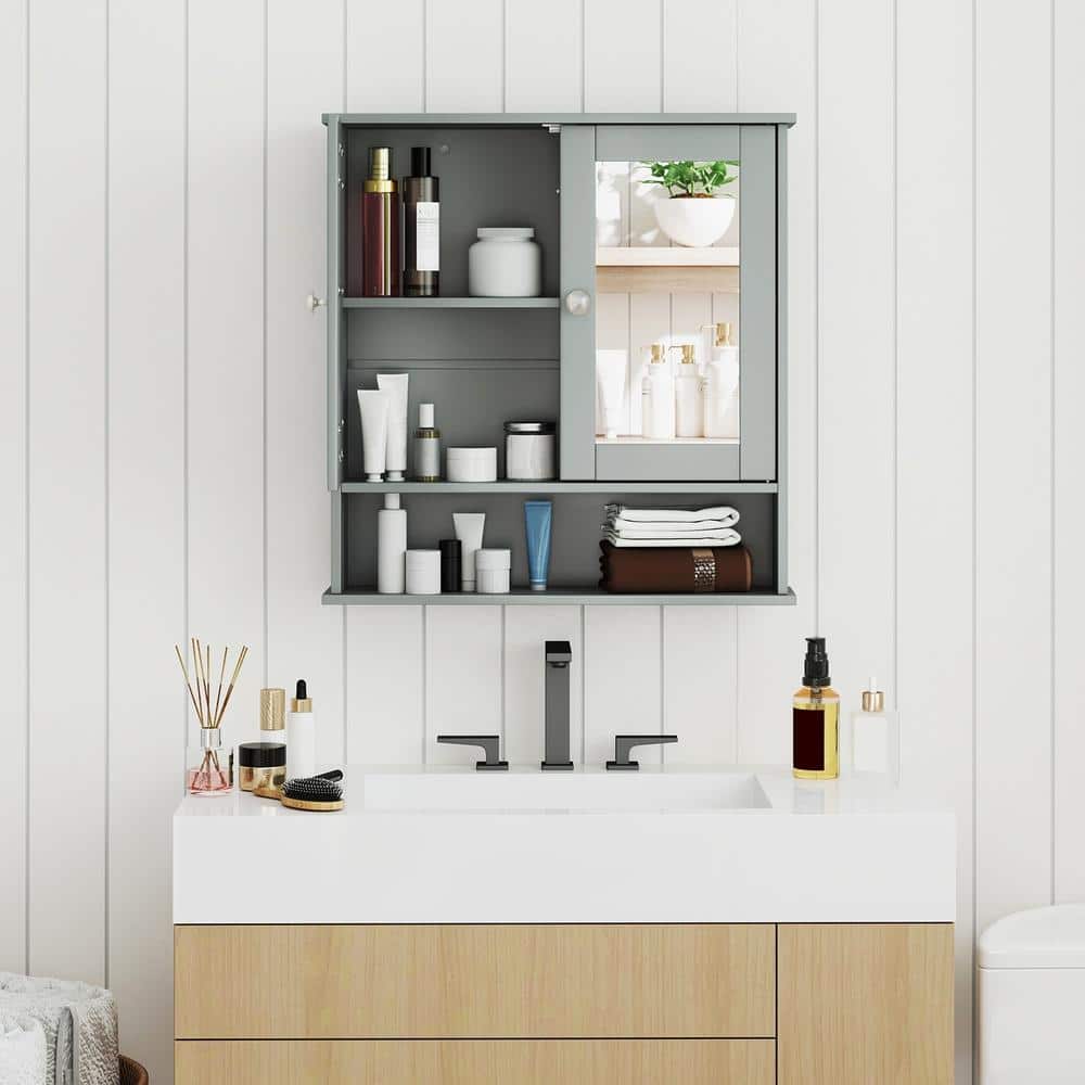 HONGGE Wall-Mounted Double Mirror Medicine Cabinet with 3-Position Shelf and Display Ledge (1)