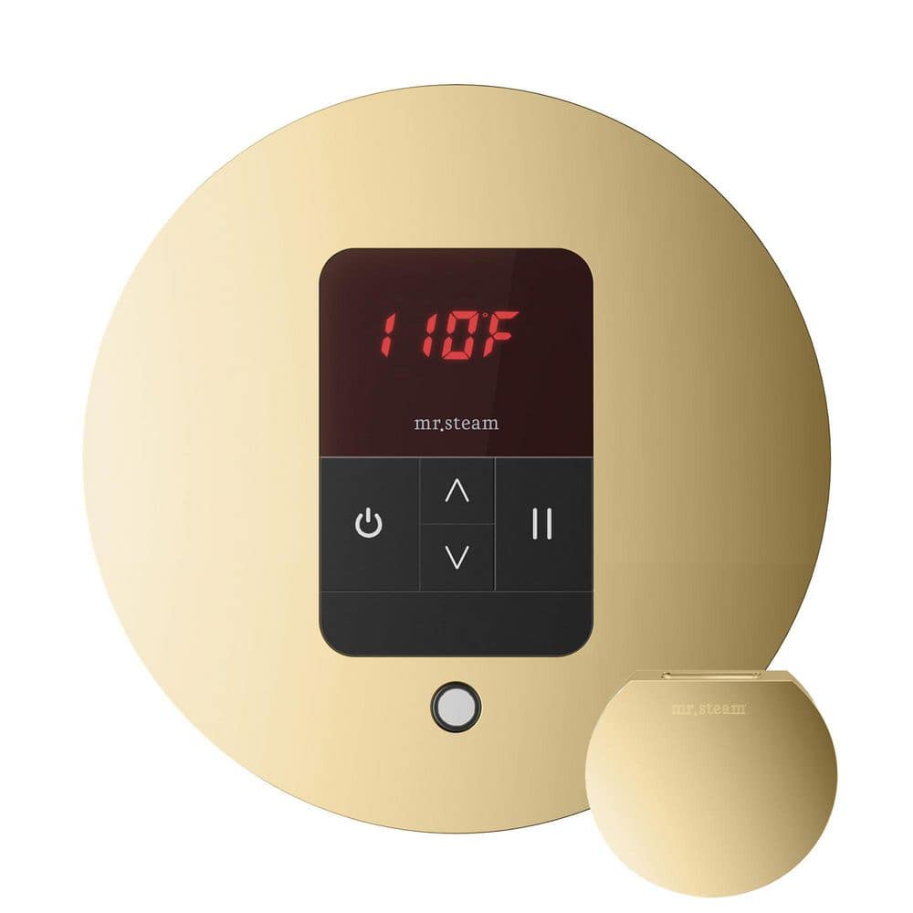 Mr. Steam iTempo Round Steam Shower Control and Steamhead in Polished Brass