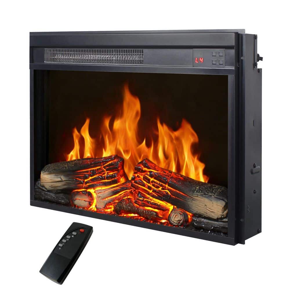 Mondawe 23 in. Ventless Electric Fireplace Insert, Ultra Thin with Log Set, Realistic Flame & Remote