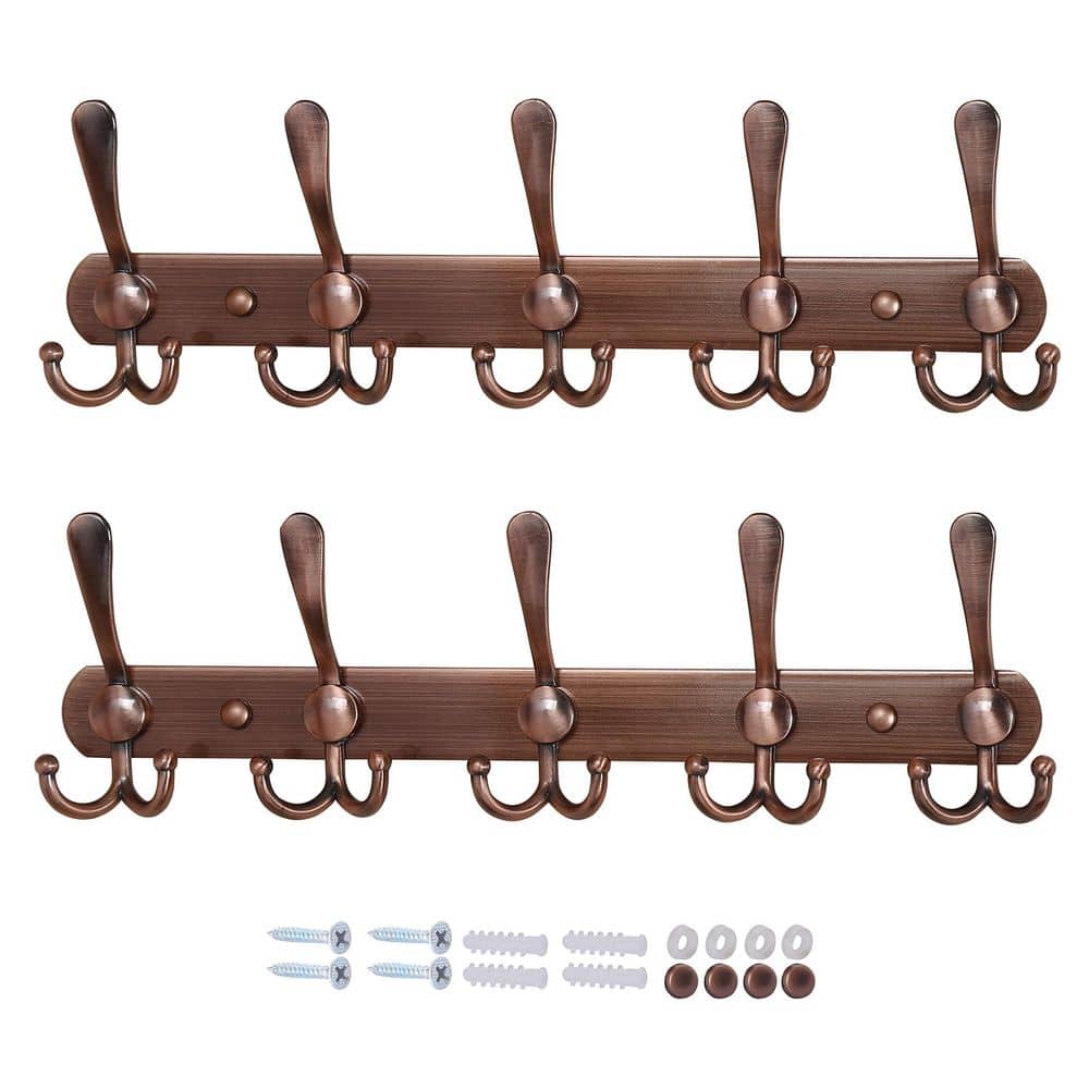 Wudkey 2 Pack Metal Wall Mounted J-Hook Coat Rack, 5 Tri Robe/Towel Hook for Coat Hat Towel Bathroom Entryway in Antique Copper