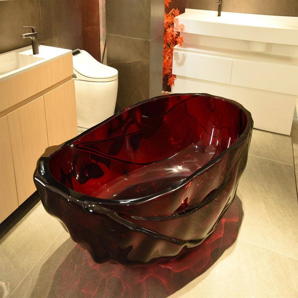 LUXSHERY 66.93 in. x 37.6 in. Freestanding Solid Surface Soaking Bathtub with Center Drain in Red (3)