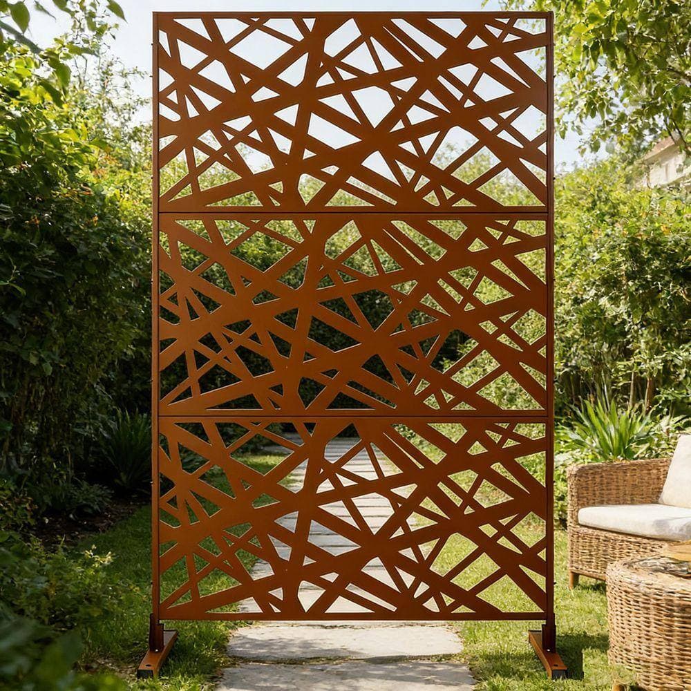 Coporesell 76 in. x 48 in. Freestanding Decorative Privacy Screen Brown Metal for Outside Lawn Garden (1)