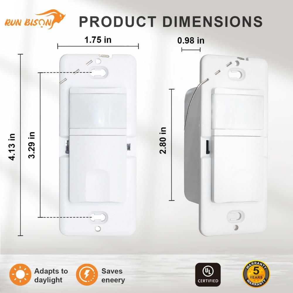 RUN BISON White 5 Amp Dual Voltage Motion Sensor Switch-120-Volt/277-Volt, Single-Pole or Multi-Location Control (2)