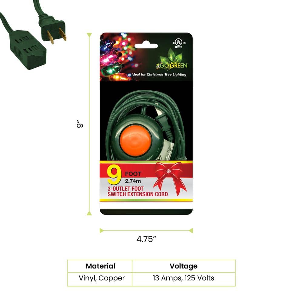 GoGreen Power 9 ft. 18/2 3-Outlet Foot Switch Extension Cord, Green (2)