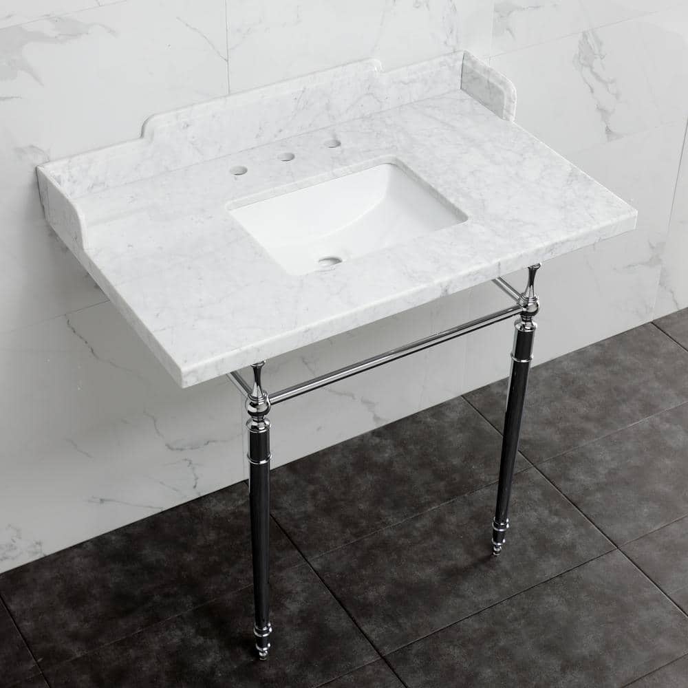 Kingston Brass Fauceture 36 in. Marble Console Sink Set with Brass Legs in Marble White/Polished Chrome (2)