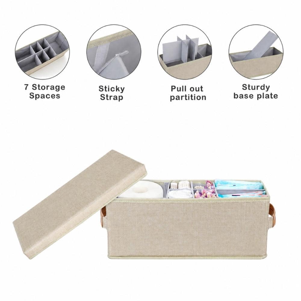 Unbranded Countertop Linen Fabric Tampon Organizer with Lid and Adjustable Dividers for Bathroom Countertop Storage (3)