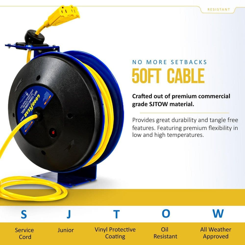 Goodyear 50 ft. 12/3 15 Amp Retractable Extension Cord Reel with 3-Grounded Outlets and Tri-Tap End (2)