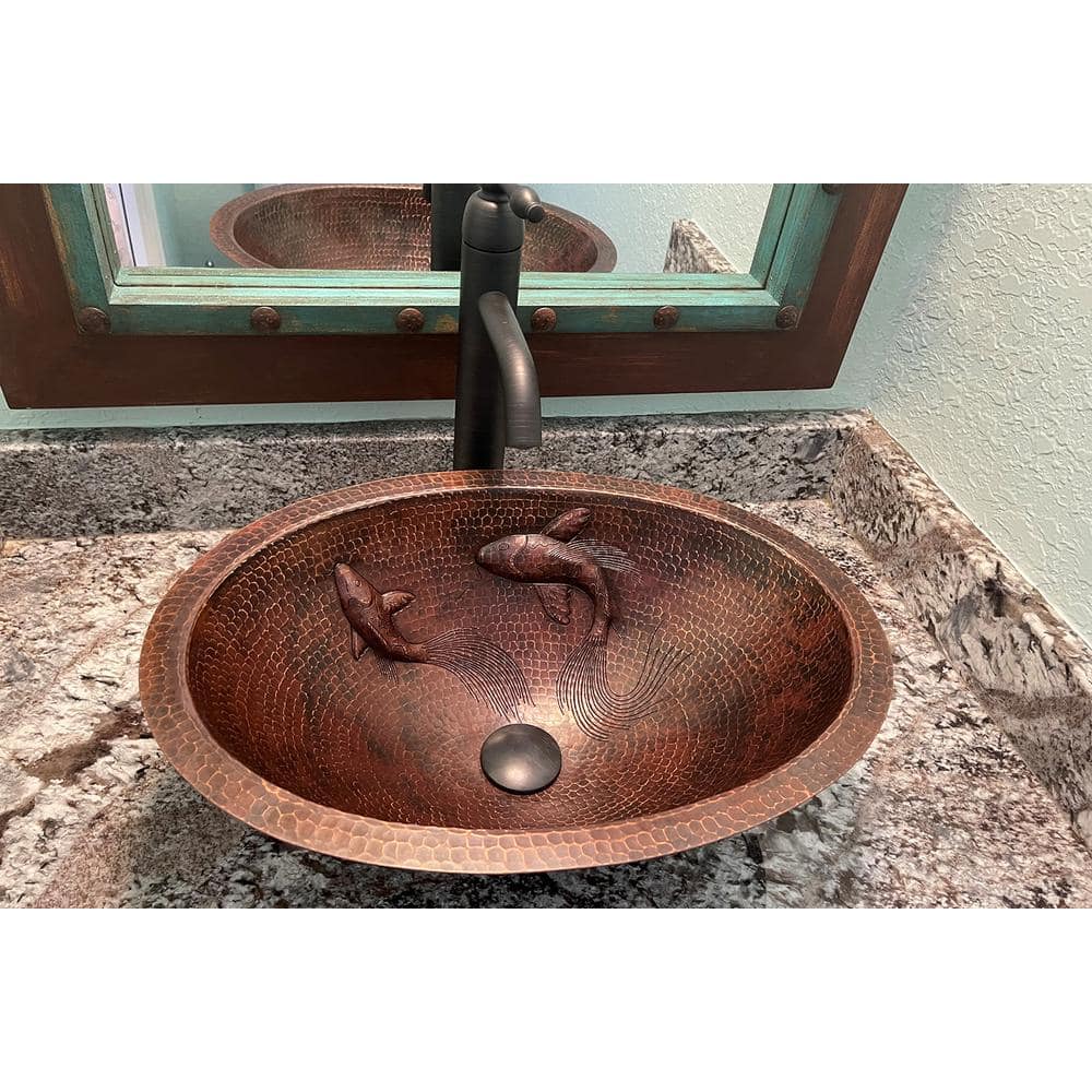 Premier Copper Products 19 in. Oval Under Counter Hammered Copper Bathroom Sink with Koi Fish Design in Copper (1)