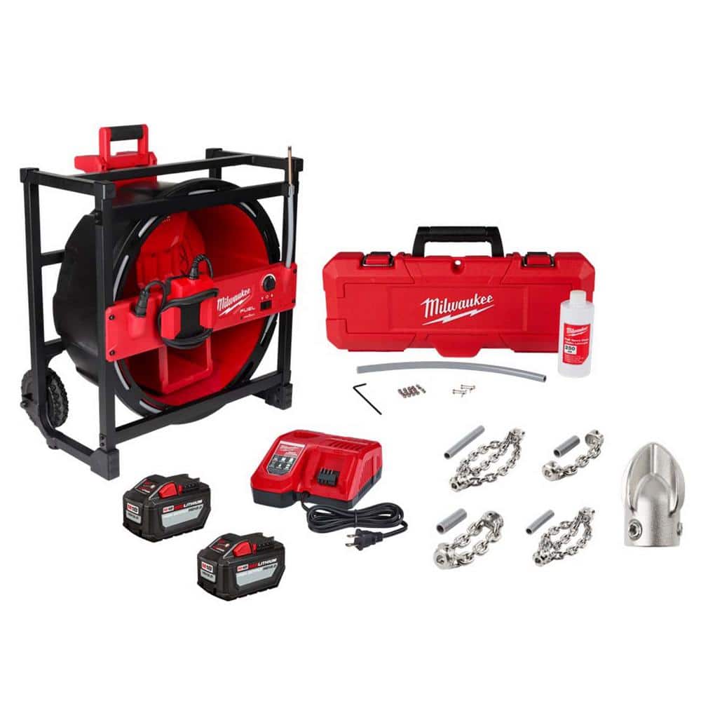 Milwaukee M18 18V Lithium-Ion Cordless High Speed Drain Cleaner w/5/16 in. x 7 5 ft. Cable & Grease Penetrating Chain Knocker Head