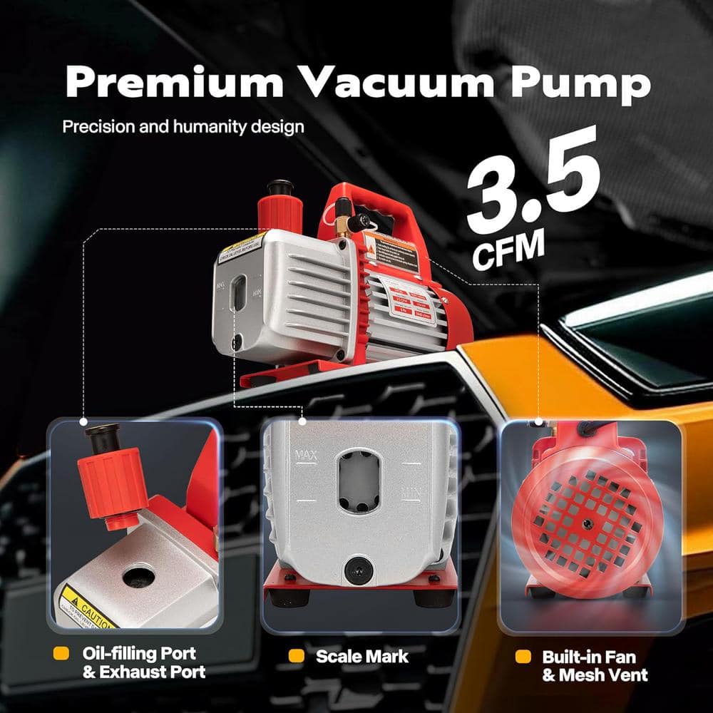 VIVOHOME 110-Volt 1/4 HP 3.5 CFM Single Stage Rotary Vane Air Vacuum Pump and R134a AC Manifold Gauge Set with Thermometer in Red (3)