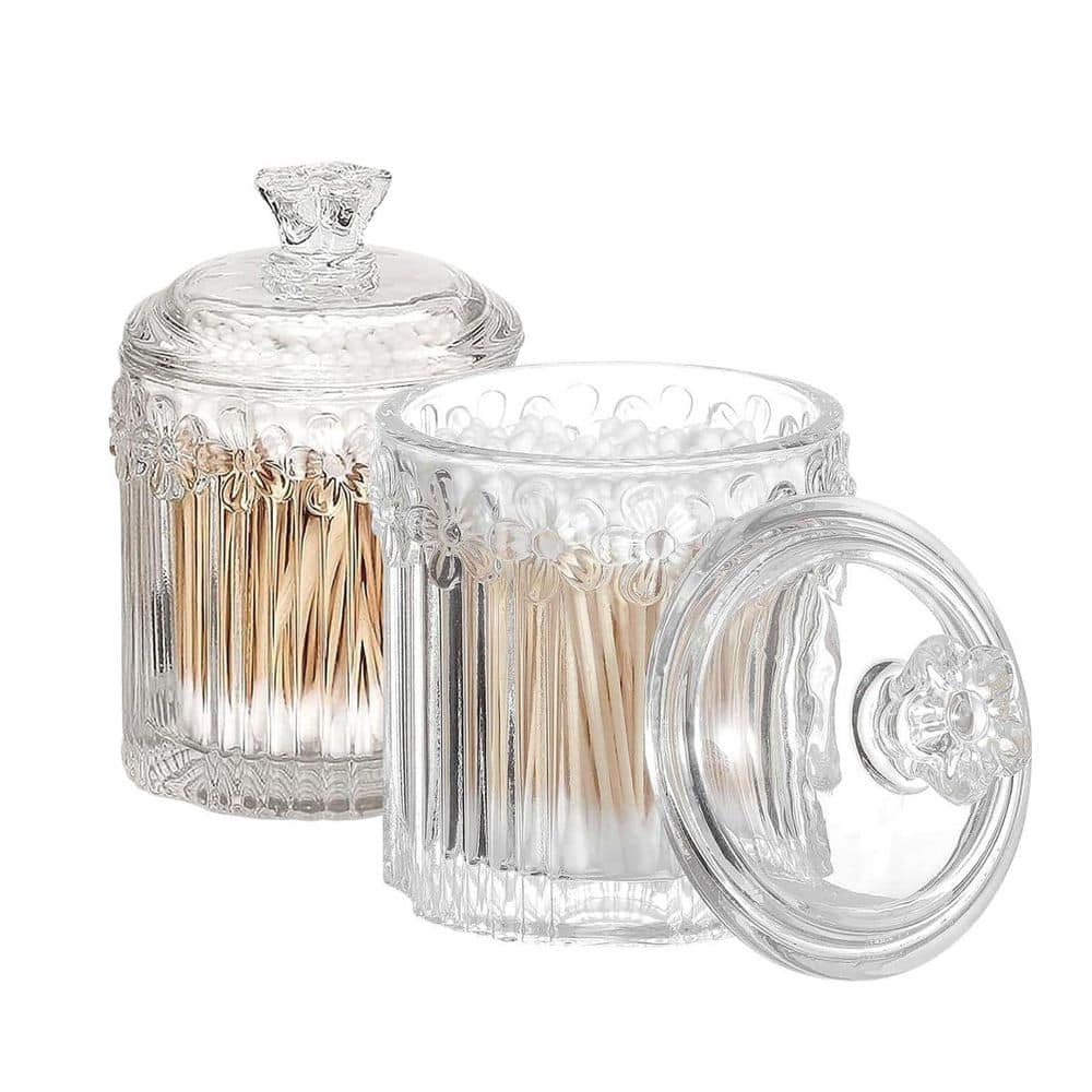 KHKFY 2-Pack Crystal Clear Glass Apothecary Storage Jars with Flower Carved Lids for Bathroom Vanity Clear (1)